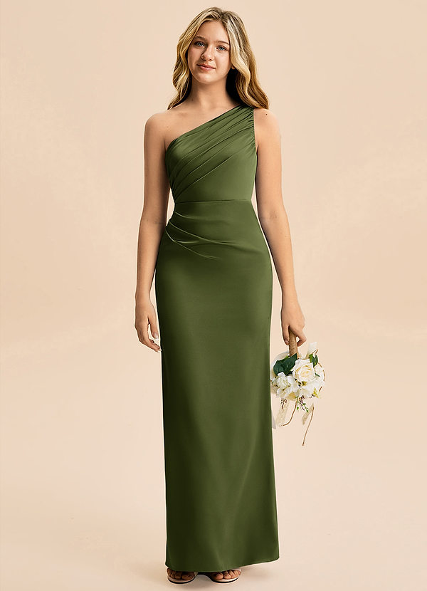 Azazie Akilah Junior Osłona Pofałdowany Satyna elastyczna Długość podłogi Młodsza druhna Sukienka image1