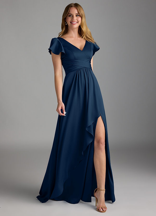Azazie Omari Bridesmaid Dresses Dark Navy A-Line Stretch Satin Dress image1