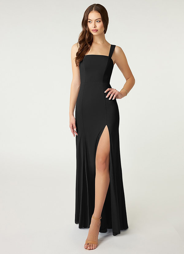 Azazie Alara Bridesmaid Dresses Black Sheath Side Slit Stretch Chiffon Dress image1