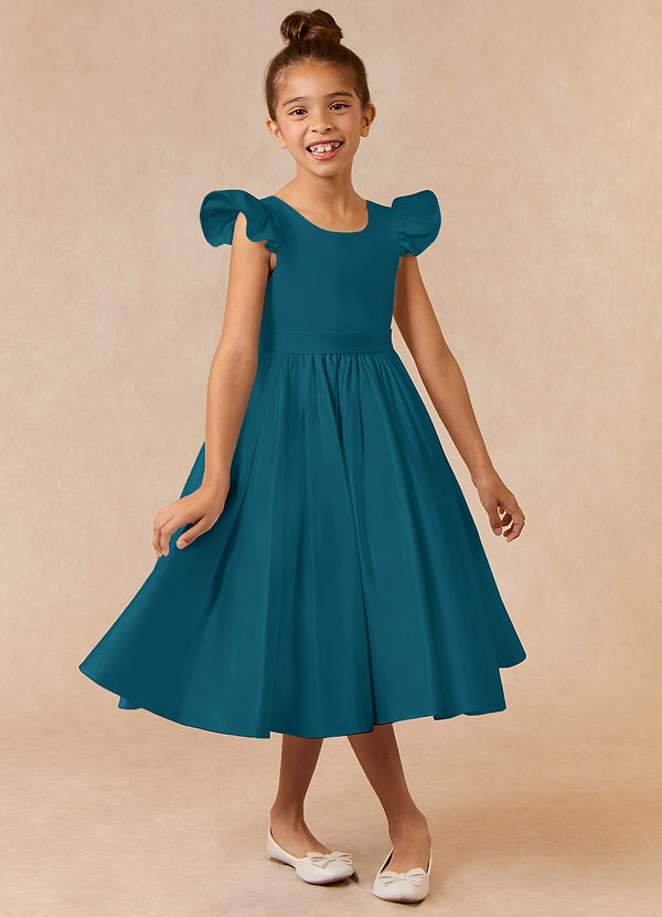 Azazie Violeta Flower Girl Dresses Ink Blue Ball-Gown Bow Matte Satin Dress image1