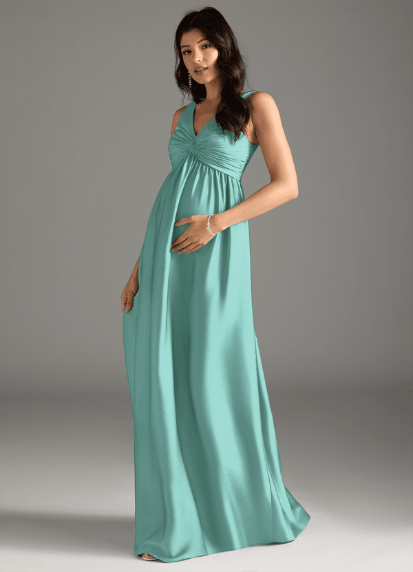 Azazie Yetta Brautjungfernkleider für Schwangere A-Linie Plissee Stretch-Satin Bodenlänge Kleid image1