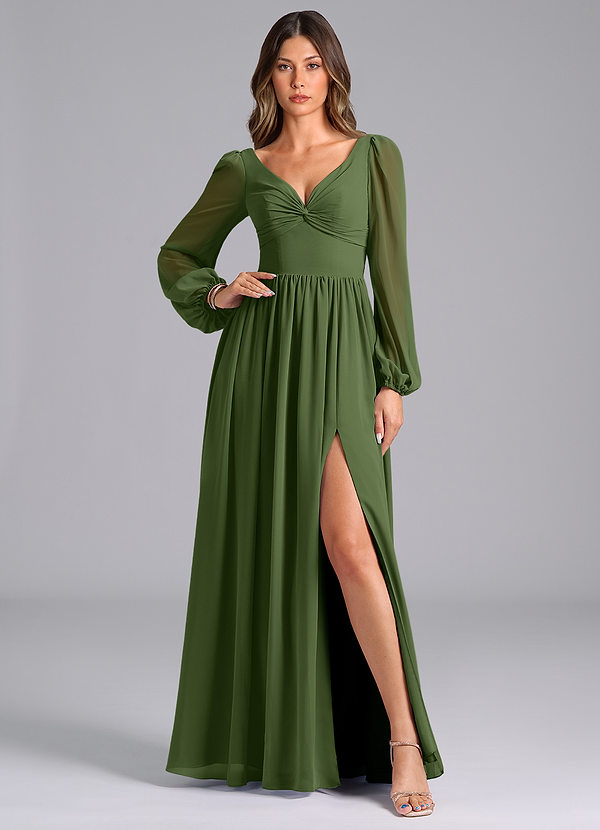 Azazie Teri Bridesmaid Dresses Olive A-Line Long Sleeve Chiffon Dress image1