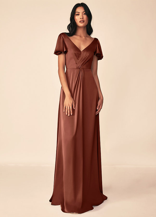 Azazie Soren Bridesmaid Dresses Clay A-Line Pleated Stretch Satin Dress image1