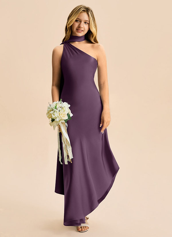 Azazie Briony Junior Plum Sheath Pleated Stretch Satin Dress image1