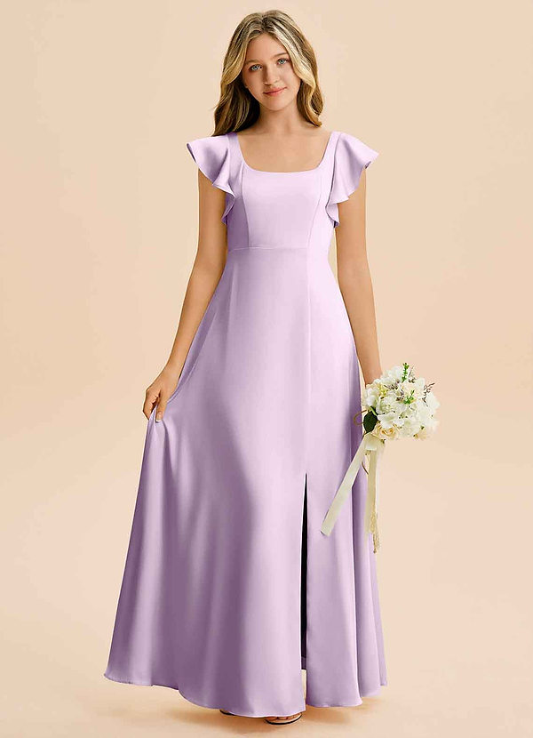 Azazie Bondi Junior Frosted Lilac A-Line Side Slit Stretch Satin Dress image1