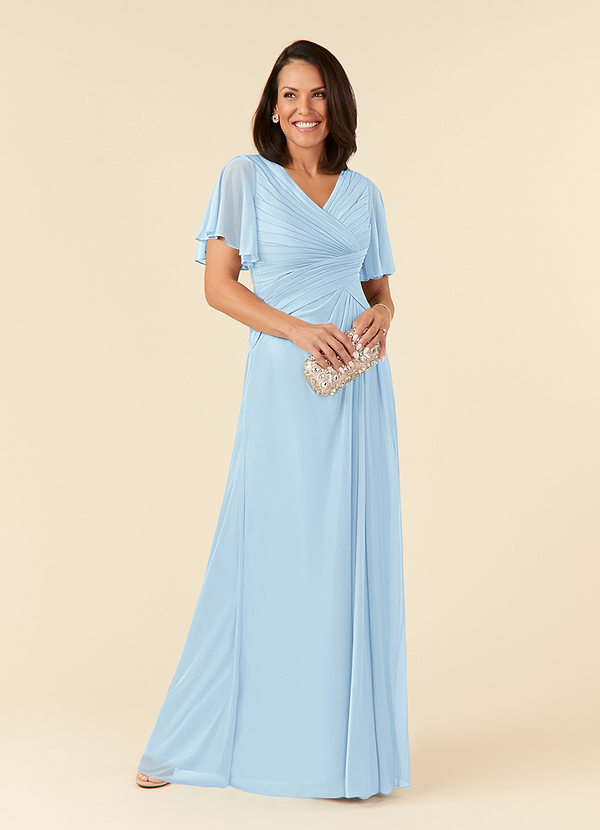 Azazie Emmeline Mother of the Brides Dresses Sky Blue A-Line V-Neck Pleated Mesh Dress image1