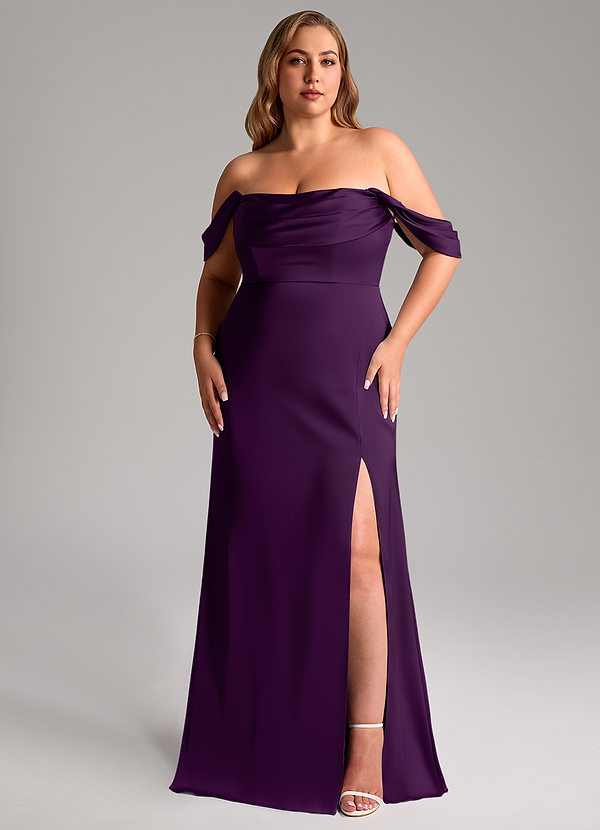 Azazie Saige Bruidsmeisjes Jurken Jurk van Stretch Satijn met Kolom Off the Shoulder Druif image1
