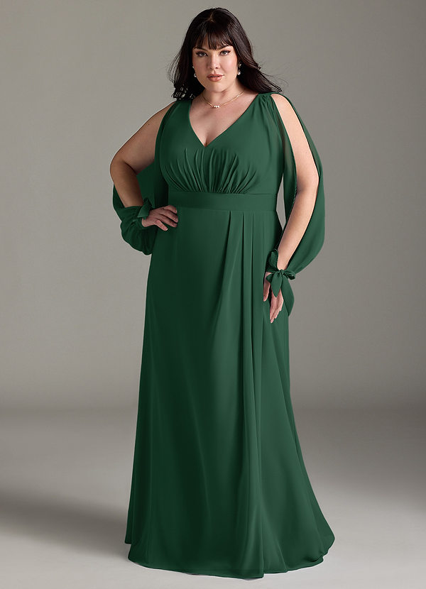 Azazie Matilda Brautjungfernkleider A-Linie Langarm Chiffon Kleid Dunkelgrün image1