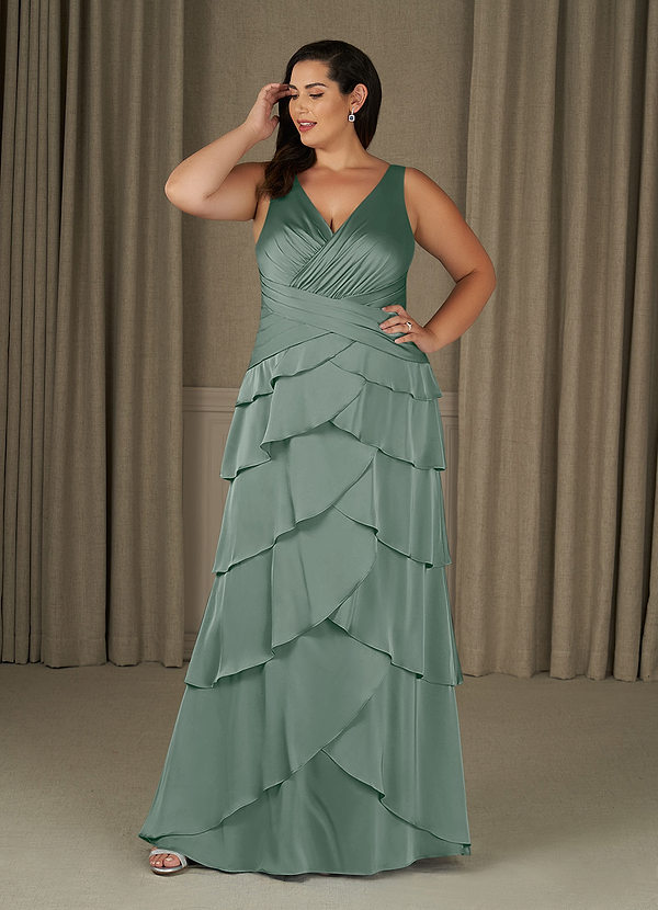 Azazie Viola Mother of the Brides Dresses Silver Sage A-Line Pleated Stretch Satin Dress image1