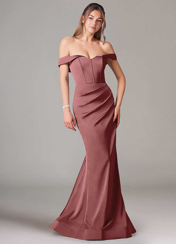 Azazie Everly Bruidsmeisjes Jurken Converteerbaar Jurk van Stretch Satijn met Zeemeermin Off the Shoulder Amethist image1