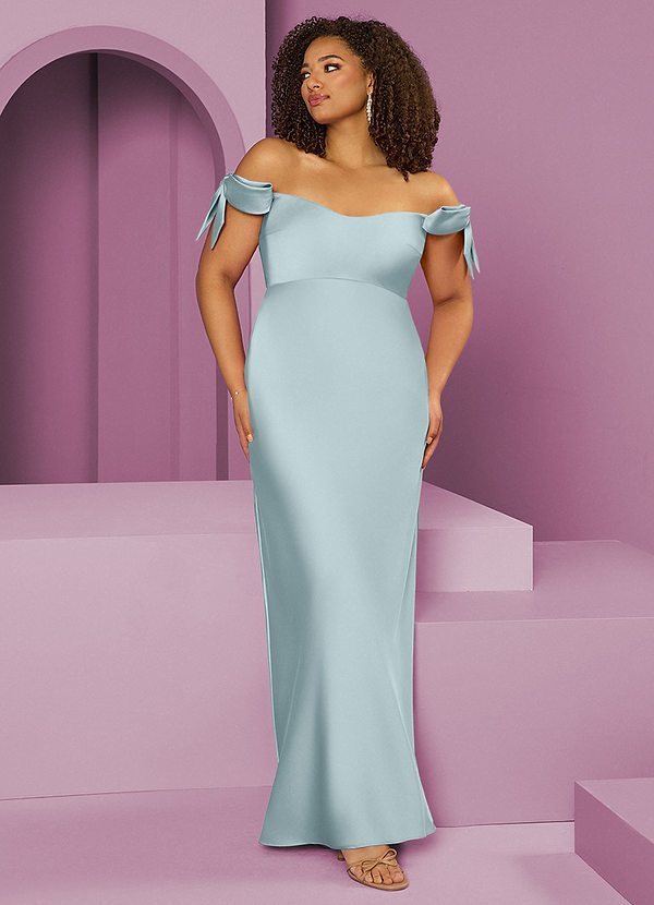 Barbie ♥ Azazie Bridesmaid Dresses Mist Sheath Off the Shoulder Stretch Satin Convertible Dress image1