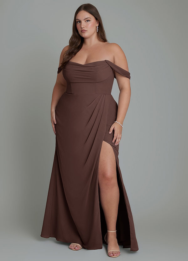 Azazie Johana Bruidsmeisjesjurken Converteerbaar Jurk van Chiffon met Zeemeermin Off-shoulder Ganache image1