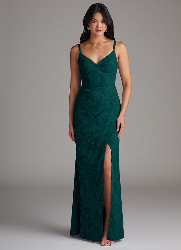 Azazie Leo Bridesmaid Dresses Pine Sheath Pleated Floral Burnout Dress image1