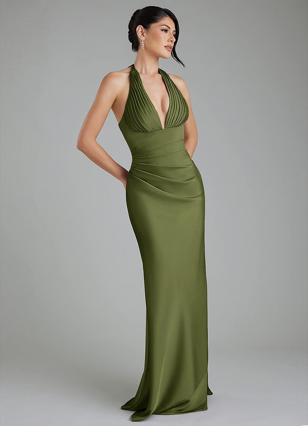 Azazie Torrance Bridesmaid Dresses Olive Mermaid Corset Stretch Satin Dress image1