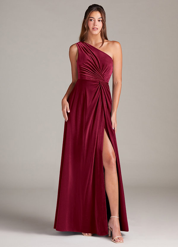 Azazie Brooke Brautjungfernkleider A-Linie One-Shoulder Samt Kleid Burgunderrot image1