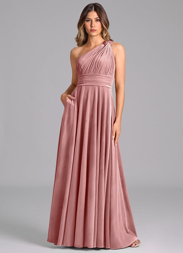 Azazie Charlize Robes Demoiselle d'honneur Robe Trapèze en velours Ue épaule Rose Poussiéreuse image1