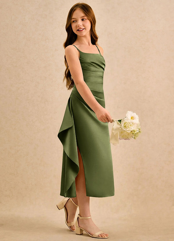 Azazie Canna Girls Formal Robes de Fillette d'Honneur Robe Trapèze en Satin extensible Plissée Olive image1
