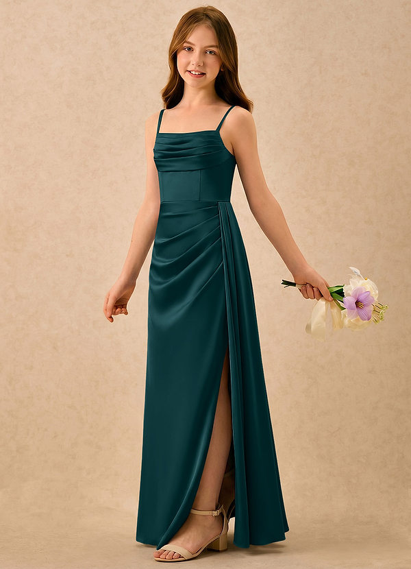 Azazie Shyla Girls Formal Sukienki dla dziewczynek sypiących kwiaty Osłona Pofałdowany Satyna elastyczna Długość podłogi Sukienka image1