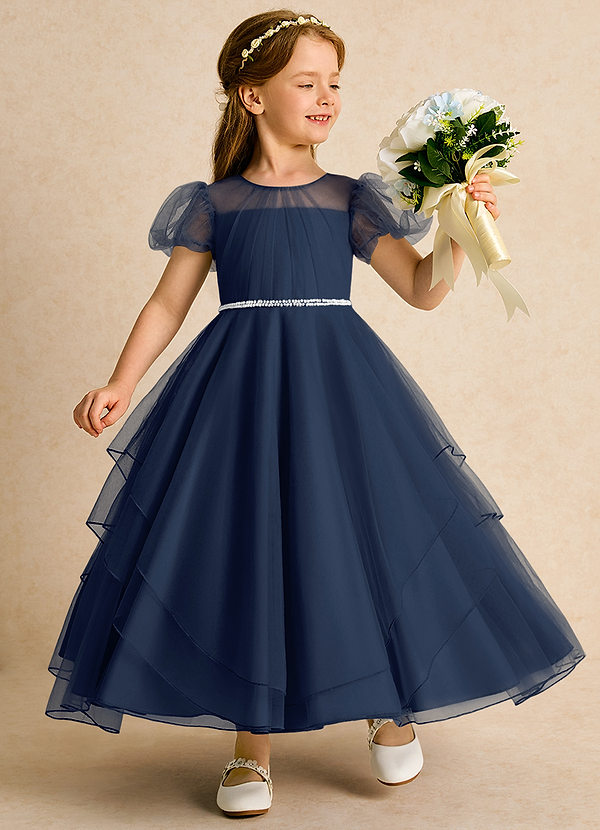 Azazie Duckie Abiti da Ragazza di Fiori Abito Principessa in Tulle Plissettato Marino Scuro image1
