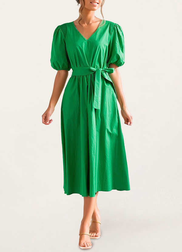 front Marianna Green Puff Sleeve Midi Dress