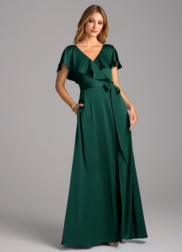 Azazie Lainey Bridesmaid Dresses Emerald A-Line with Pockets Stretch Satin Dress image1