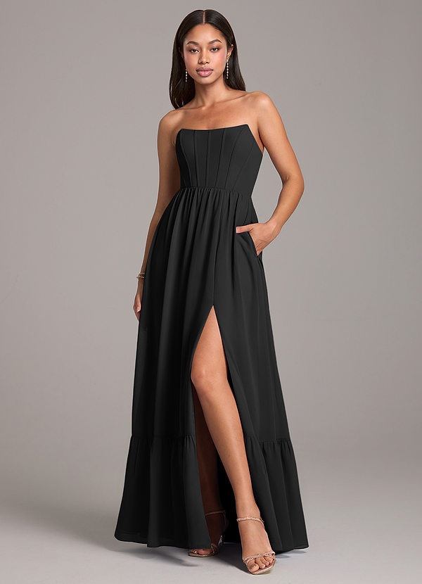 Azazie Kailee Bridesmaid Dresses Black A-Line with Pockets Chiffon Dress image1