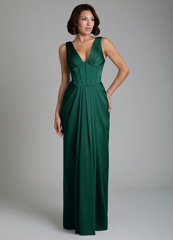 Azazie Vanya Bridesmaid Dresses Emerald Sheath Corset Stretch Satin Dress image1