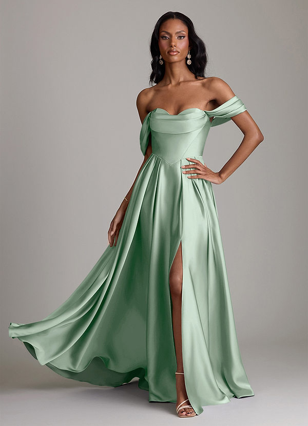 Azazie Loisa Robes Demoiselle d'honneur Robe Trapèze en Satin extensible Épaule décolletée Agave image1