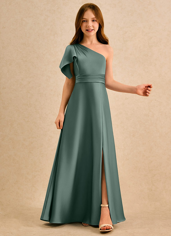 Azazie Jazzy Girls Formal Flower Girl Dresses Sea Moss A-Line One Shoulder Stretch Satin Dress image1
