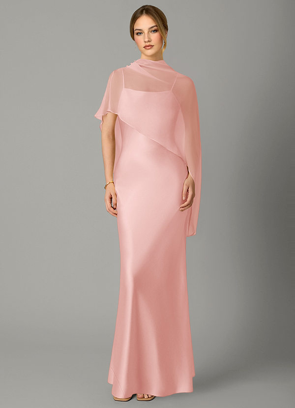 Azazie Jaleesa Vestidos de dama de honor Vestido Rosa Empolvado de Satén Elástico de Corte Recto con Cuello alto image1