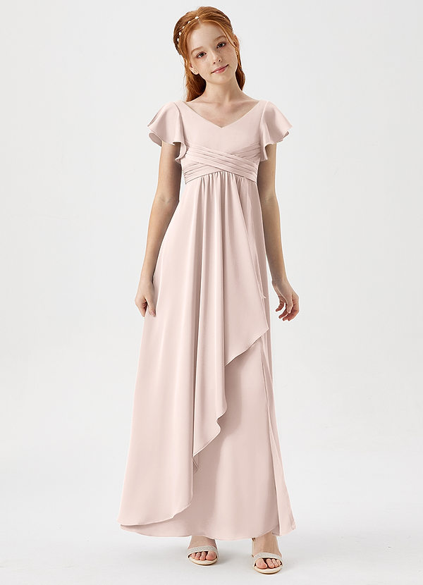 Azazie Omari Junior Blushing Pink A-Line Pleated Stretch Satin Dress image1