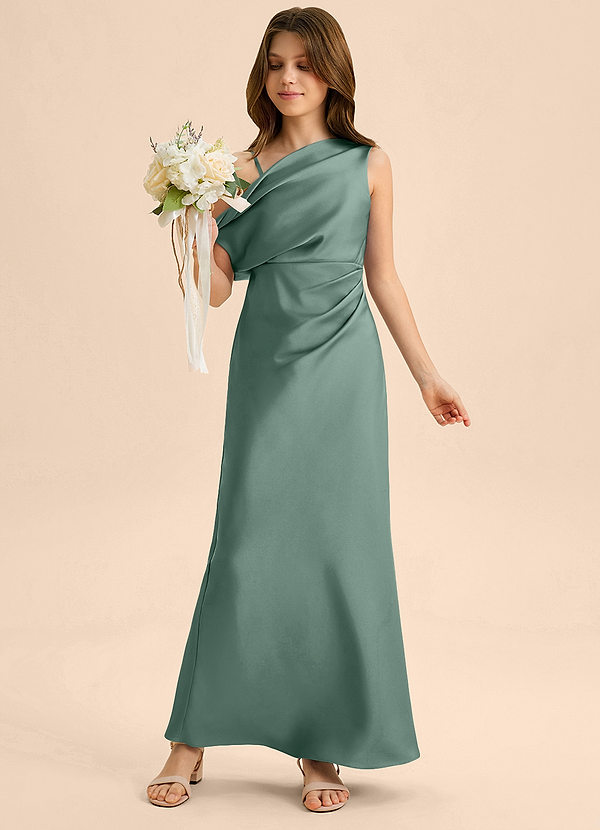 Azazie Emerson Junior Eucalyptus Sheath Off the Shoulder Stretch Satin Dress image1