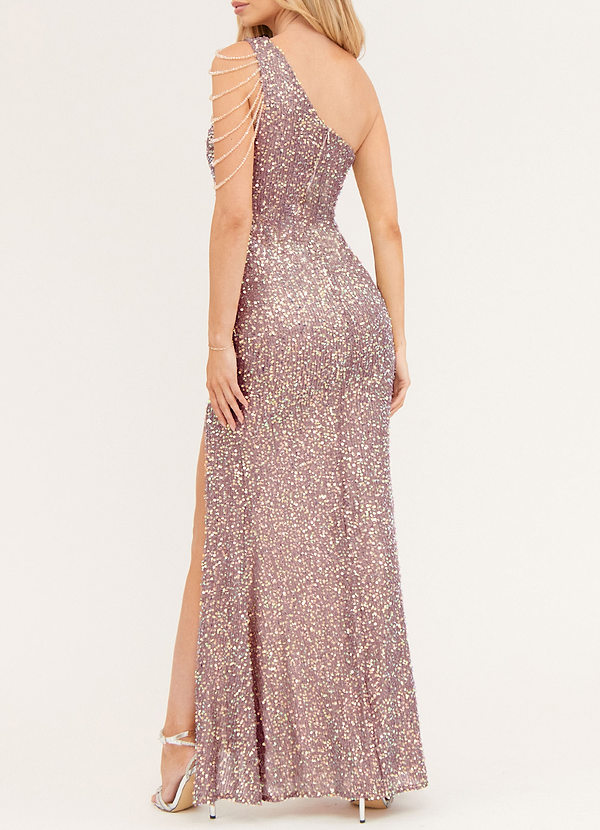 back Dazzle Them All Champagne Sequin One-Shoulder Maxi Dress