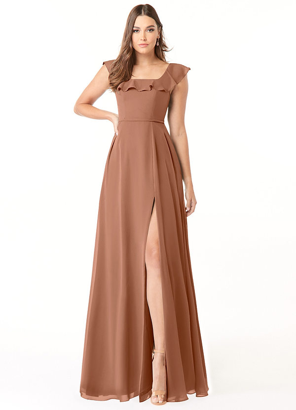 Azazie Jinny Brautjungfernkleider A-Linie Quadratischer Ausschnitt Gerüscht Chiffon Kleid Bronzer image1