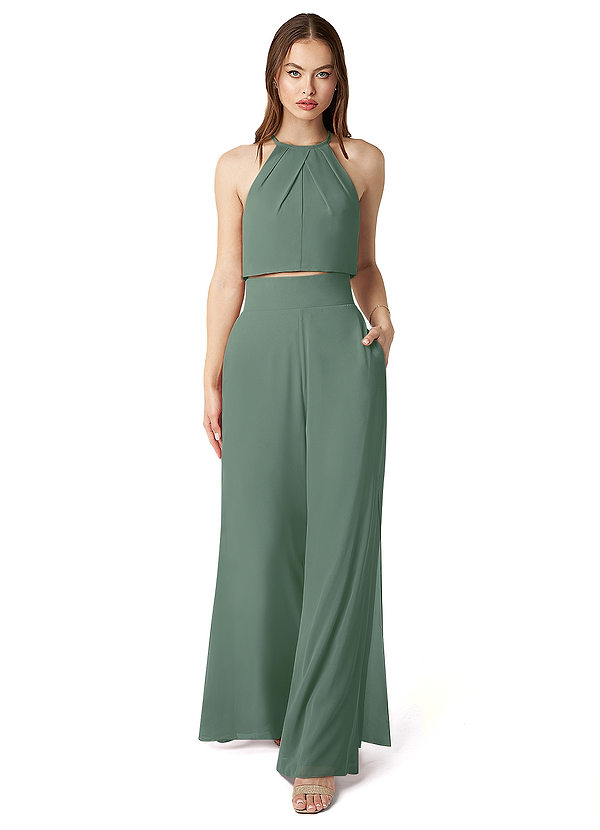 Azazie Kenzi Bridesmaid Dresses Eucalyptus Pleated Chiffon Jumpsuit image1