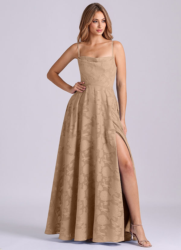 Azazie Elle 신부 들러리 드레스 A라인 주름진 플로럴 번아웃 바닥 길이 드레스 image1