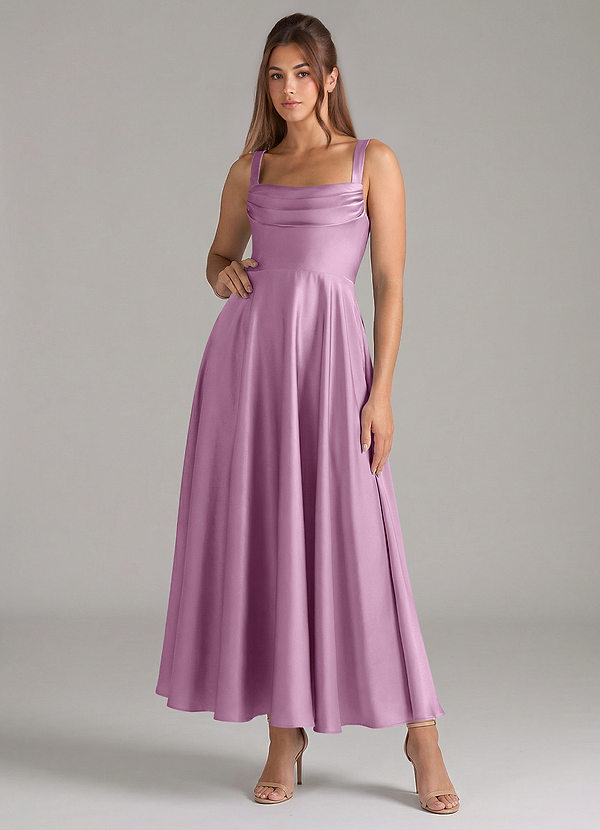 Azazie Shaude Bridesmaid Dresses Wisteria A-Line Pleated Stretch Satin Dress image1