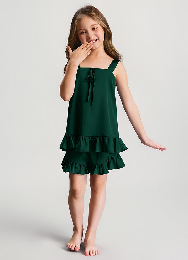 front Emerald Girls Satin Ruffle Top and Shorts Pajama Set