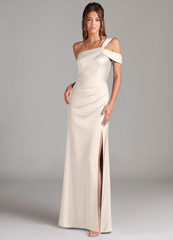 Azazie Wynter Bridesmaid Dresses White Alabaster Sheath One Shoulder Stretch Satin Dress image1