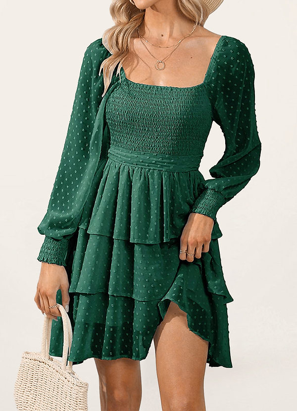 front Arcadia Dark Emerald Swiss Dot Long Sleeve Tiered Mini Dress