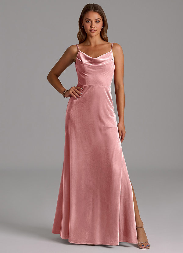 Azazie Olaine Robes Demoiselle d'honneur Robe Trapèze en velours Plissée Rose Poussiéreuse image1