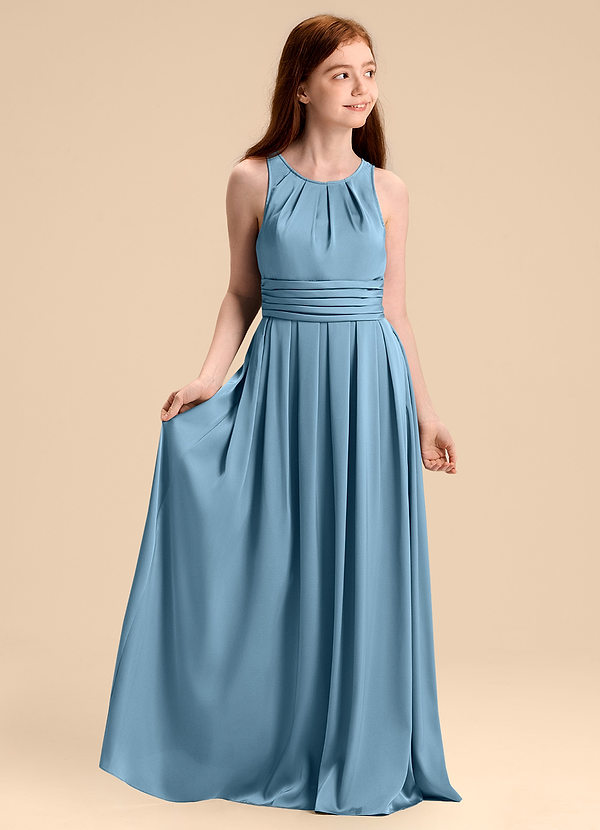 Azazie Bibiane Junior Abito A-Line in Raso Elasticizzato Plissettato Blu Acciaio image1