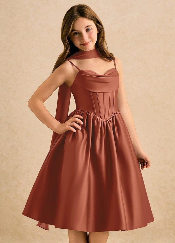 Azazie Shona Girls Formal Bloemenmeisjes Jurken A-Lijn Jurk van Mat Satijn Sweetheart Halslijn Kastanjebruin image1