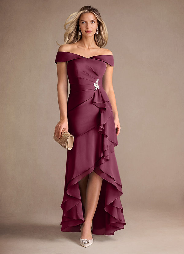 Azazie Billings Mother of the Brides Dresses Mulberry Mermaid Off the Shoulder Stretch Satin Dress image1