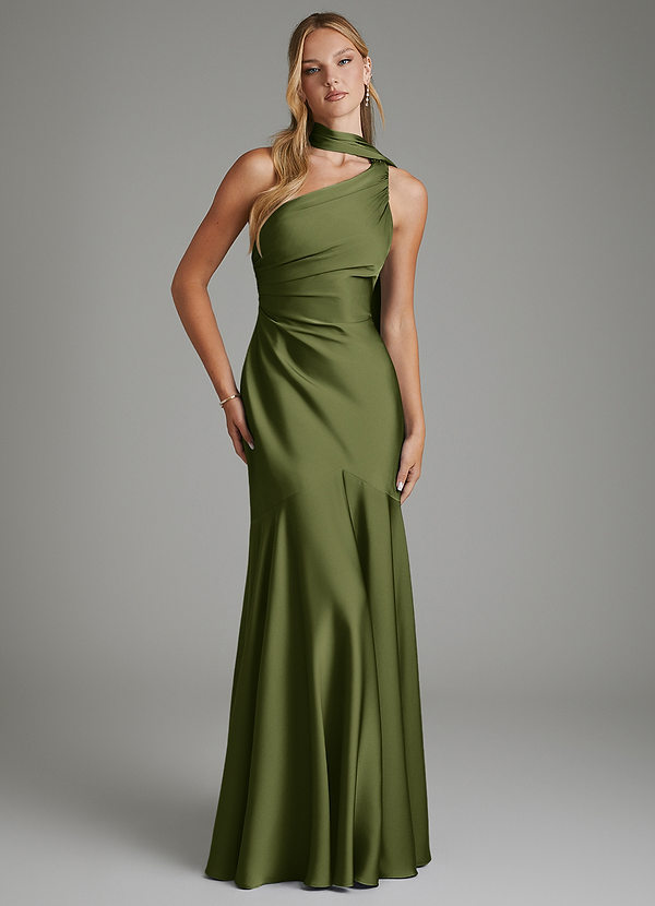 Amara Bridesmaid Dresses Olive Mermaid One Shoulder Stretch Satin Dress image1