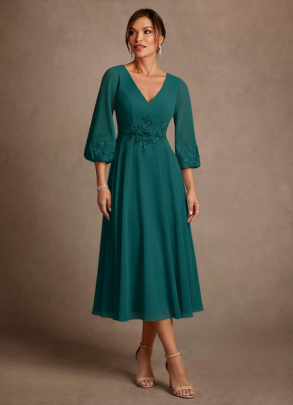 Azazie Ana Mother of the Bride Dresses Vestido Pavão de Chiffon de Linha A com Renda image1