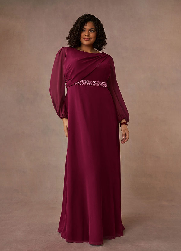 Azazie Priyanka Vestidos para la madre de la novia Vestido Borgoña de Gasa de Corte en A con Cuello barco plisado image1