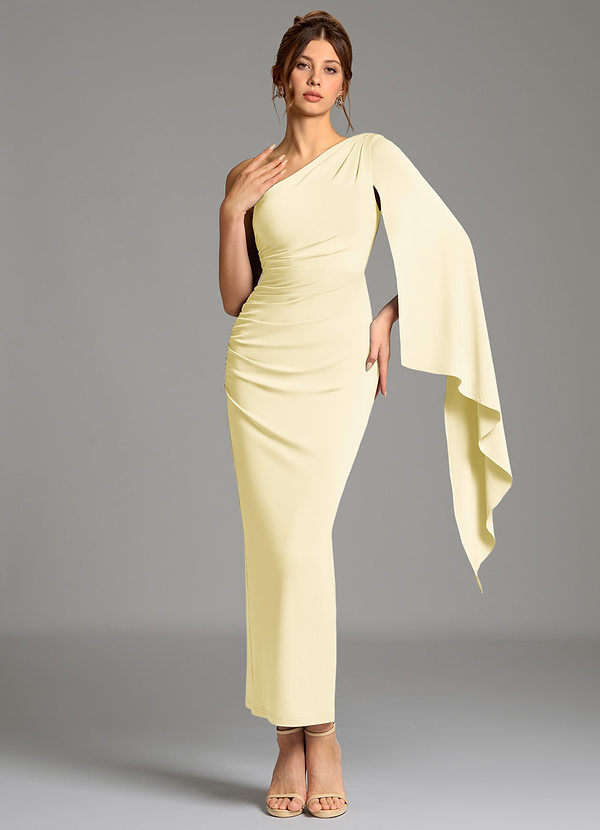 Azazie Jana Bridesmaid Dresses Lemon Sorbet Sheath Long Sleeve Premium Stretch Jersey Dress image1