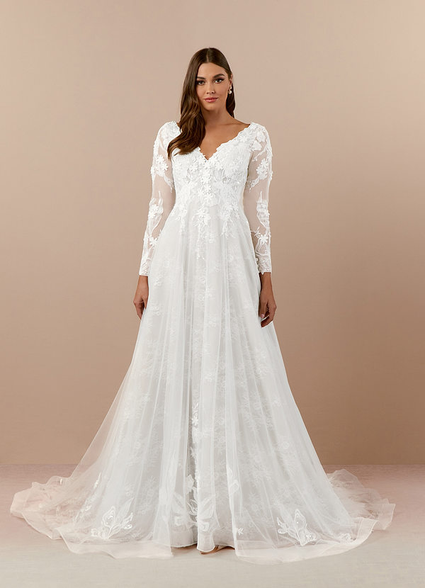 Azazie Leila Wedding Dresses A-Line V-Neck Sequins Tulle Cathedral Train Dress image1