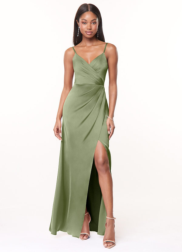 Azazie Maci Bridesmaid Dresses Pistachio A-Line V-Neck Pleated Stretch Satin Dress image1